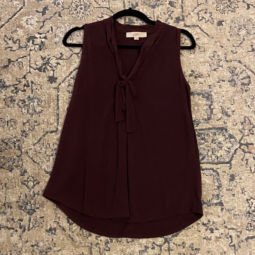 LOFT Plum Sleeveless Tie-Neck Blouse